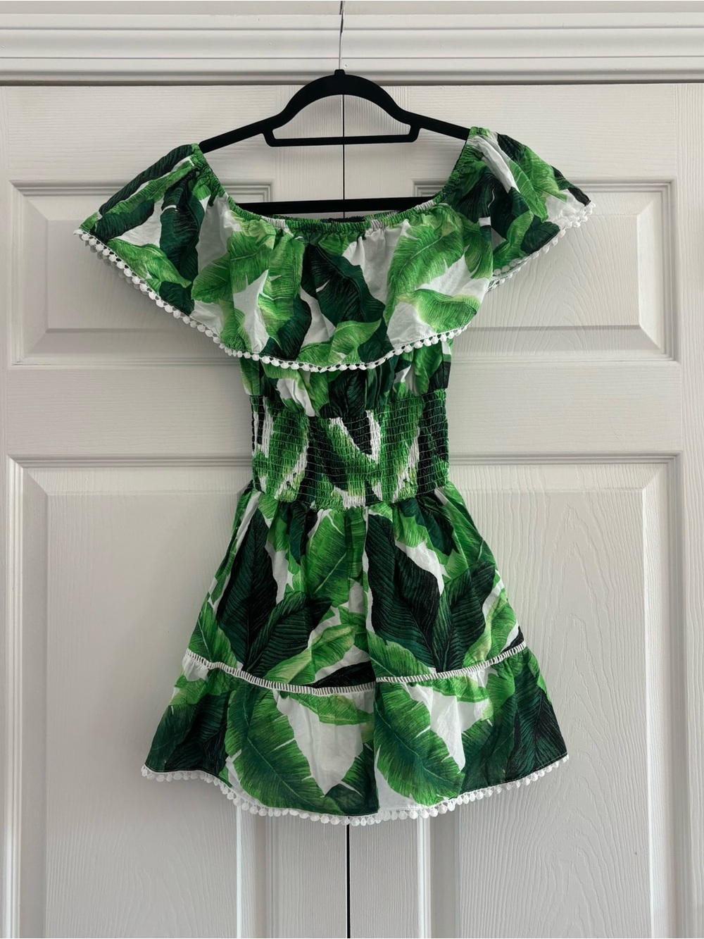Tropical Leaf Print Off The Shoulder Vacation Mini Dress - Picture 3 of 6